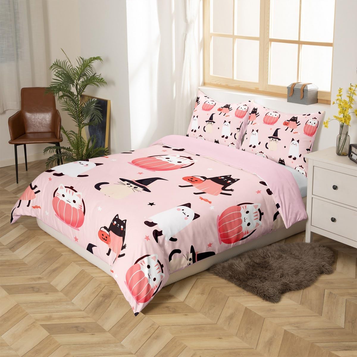 Erosebridal Kids Cute Ghost Cats Duvet Cover Full Happy Halloween Pumpkin Bedding Set Gifts for Girls Teen,Black White Halloween Kitten Comforter Cover Pink Halloween Bedspread Cover 2 Pillow Cases