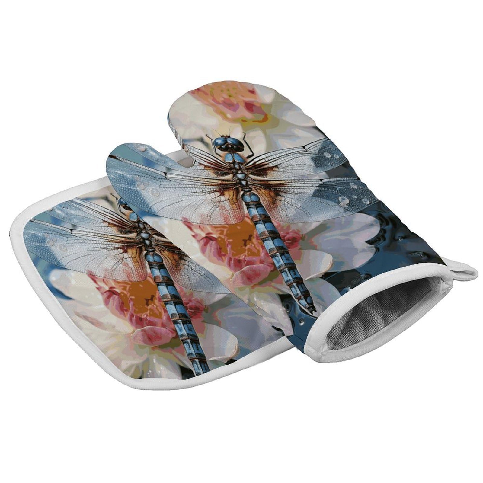 Fodpand Style Dragonfly Lotus Oven Mitts And Pot Holders Sets, Cooking Gloves And Hot Pads Heat Resistant Washable, Kitchen Oven Glove For Oven Cooking Baking Grilling
