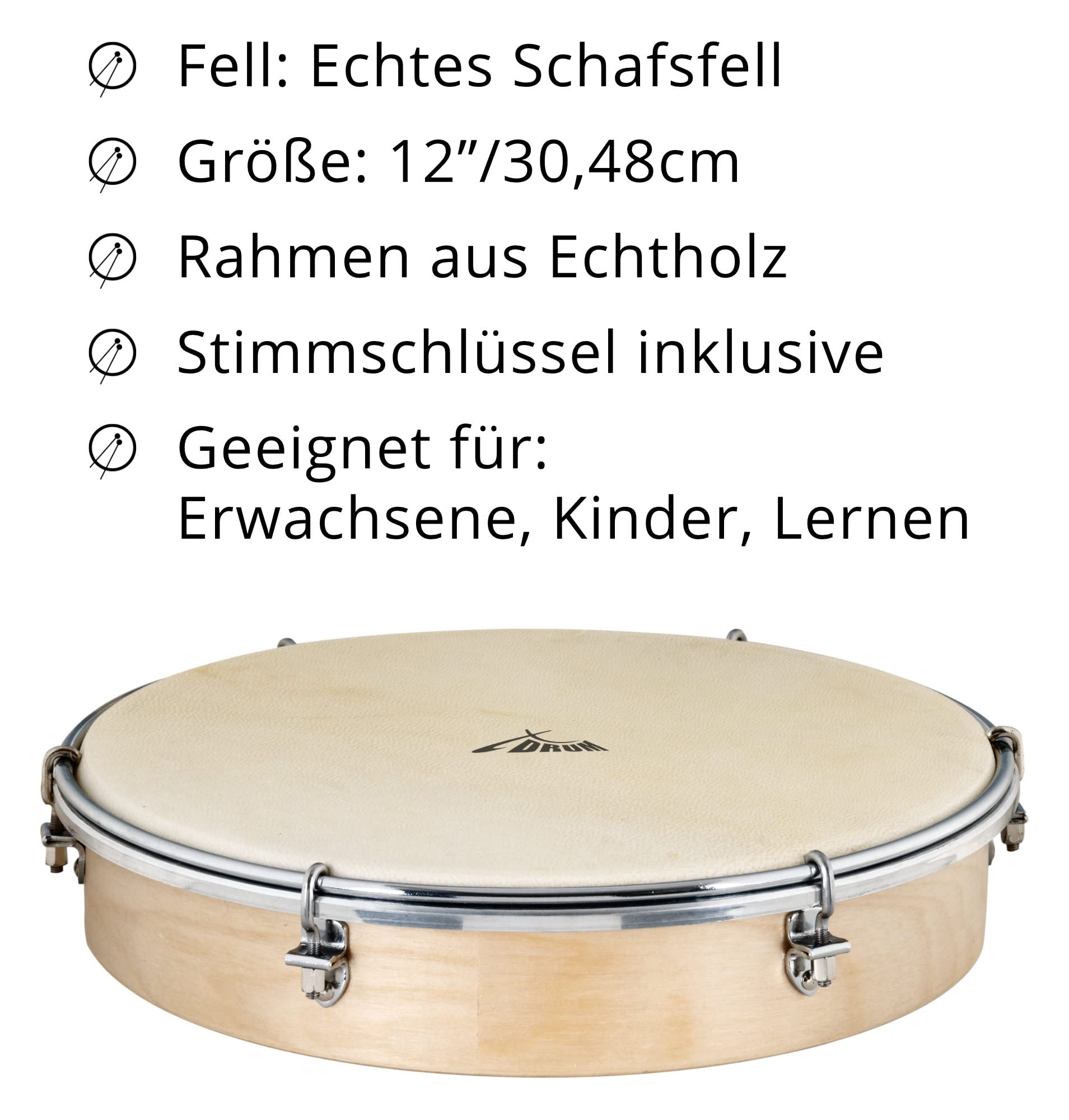 XDrum HTM-12S 12" Handtrommel mit Natur-Fell 3x Set - Rahmentrommel mit Naturfell - Stimmbar mit 6 Spannhaken - Holzrahmen aus Ahorn - Ergonomischer Griff - Natur