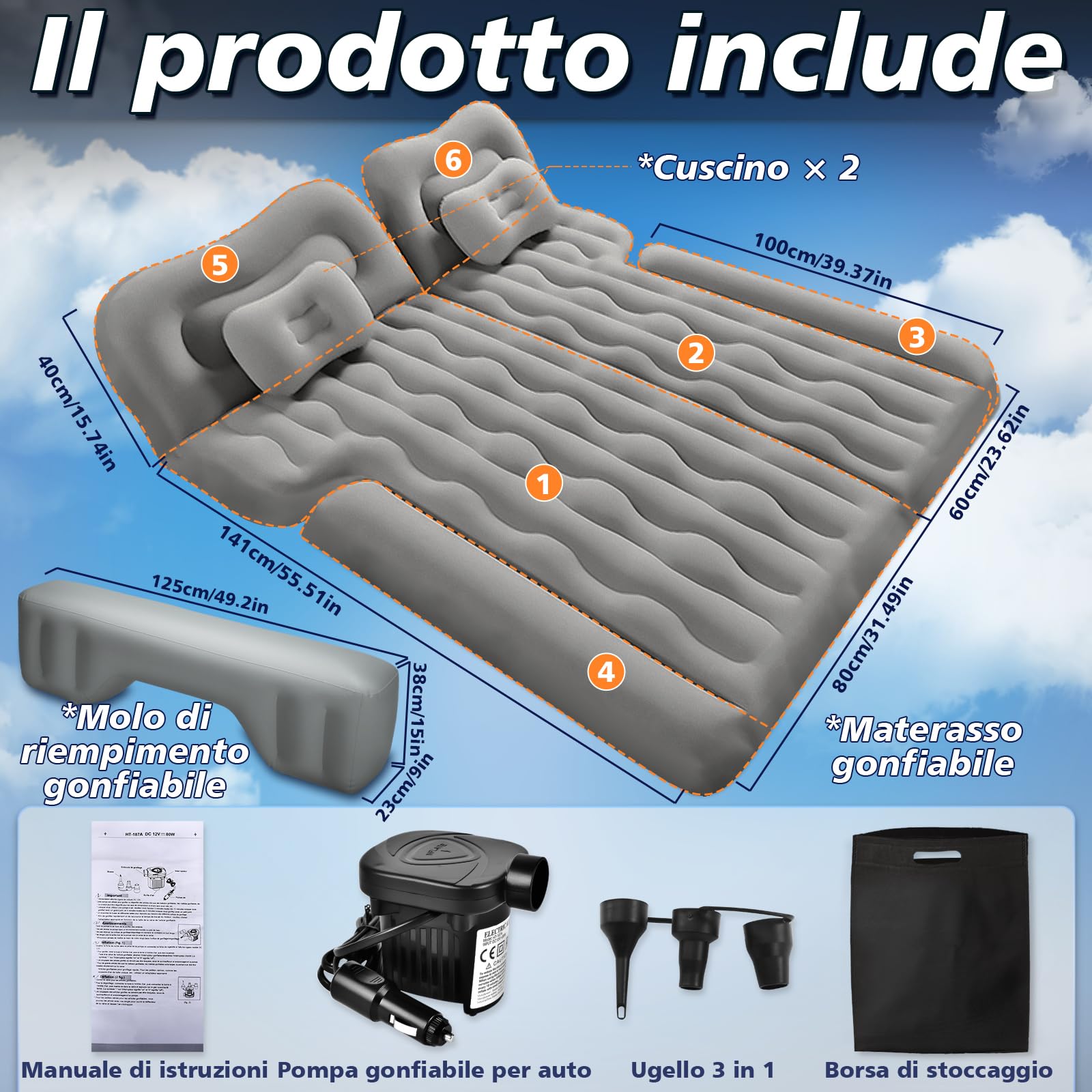 FORMIZON Materasso Auto, 180 * 140cm Materasso Gonfiabile Macchina, Letto Gonfiabile Auto con Pompa ad Aria e 2 Cuscini per SUV più Spesso Letto per Viaggi in Campeggio All'aperto (Grigio)