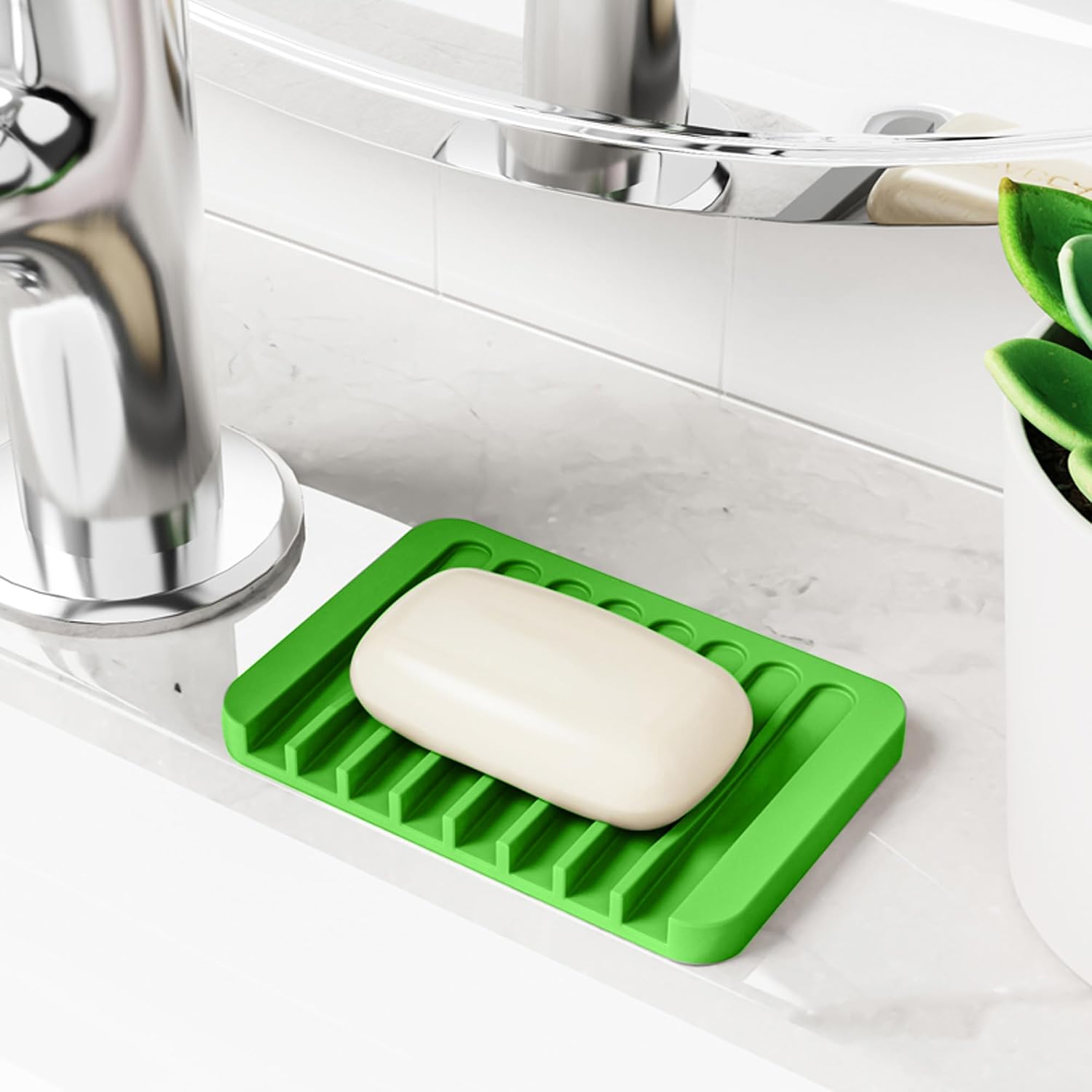 4-Pack Self Draining Soap Dish for Shower Bathroom Waterfall Silicone Soap Saver Tray Sponge Holder for Kitchen Sink Non-Slip Easy Clean Green image 5