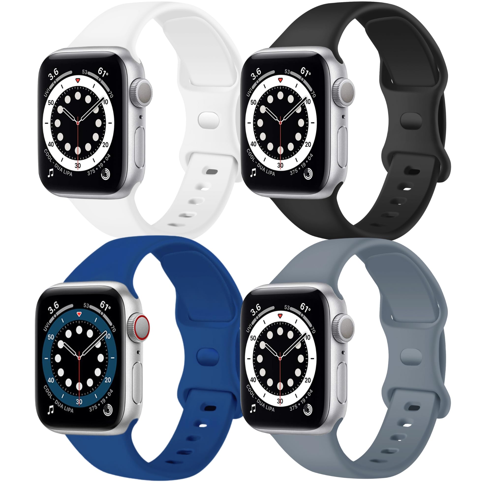 4 Pack Sport Band Compatible with Apple Watch Bands 42mm 44mm 45mm Replacement Soft Silicone Strap Wristbands for iWatch Series 8 7 6 5 4 3 2 1 SE Men Women White Black SKy Blue Lavender Grey
