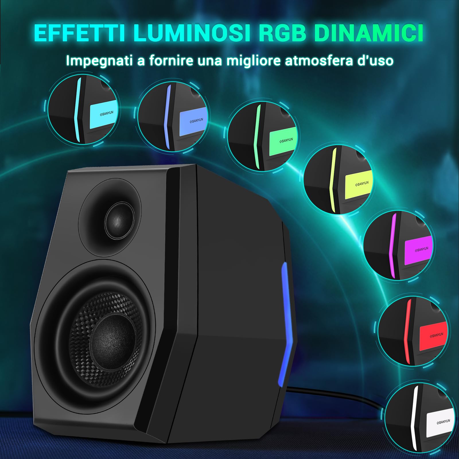 Sanyun SW209 Casse Gaming 2.0 36 W, Audio Tattico 3 Modalità DSP | Gaming/Film/Musica, DAC 24 bit, USB-C/Bluetooth 5.2/AUX, Driver Fibra di Vetro 7 cm + Cupola Seta 18 mm, RGB (Coppia, Nero)