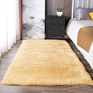 Latepis Yellow Rug for Bedroom 3x5 Area Bedside Rug Faux Sheepskin Fur Rugs for Living Room Décor Boho Rugs, Rectangle