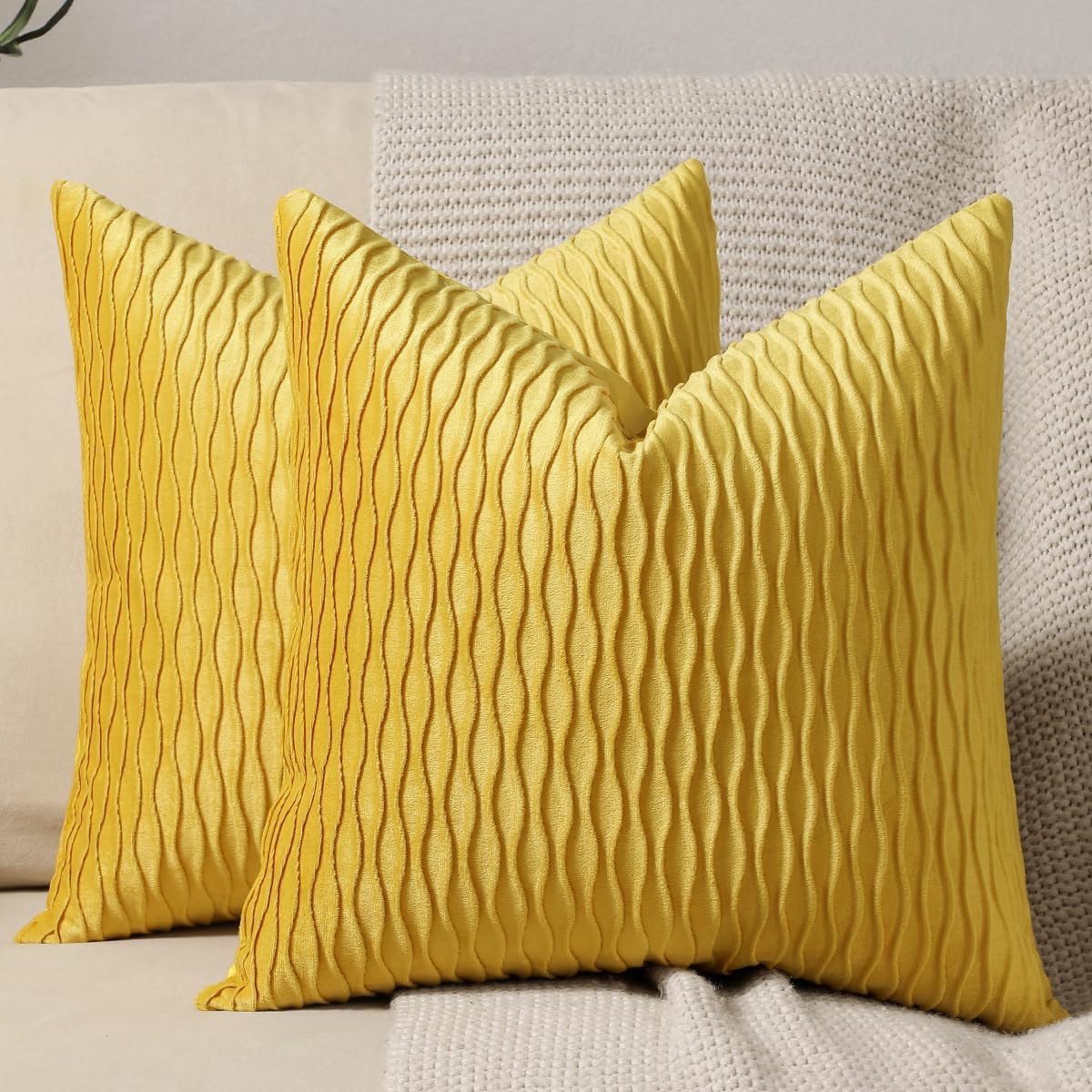 DEZENE Mustard Yellow Couch Pillow Covers: 2 Pack 16x16 Inch Original Striped Velvet Square Throw Pillow Cases for Farmhouse Home Decor
