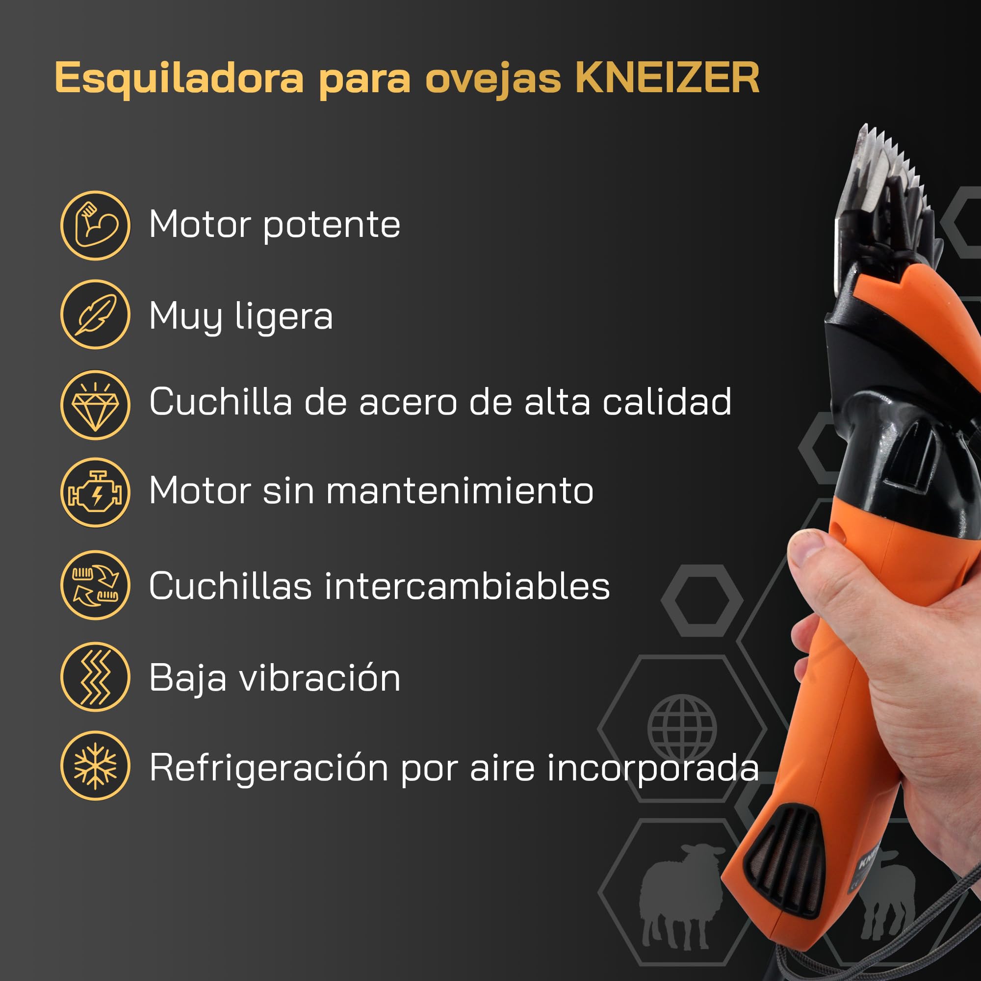 Esquiladora eléctrica para ovejas - Para todas las razas y pelajes de oveja - Cuchillas intercambiables - Motor potente - Baja vibración y muy silencioso - Sin mantenimiento