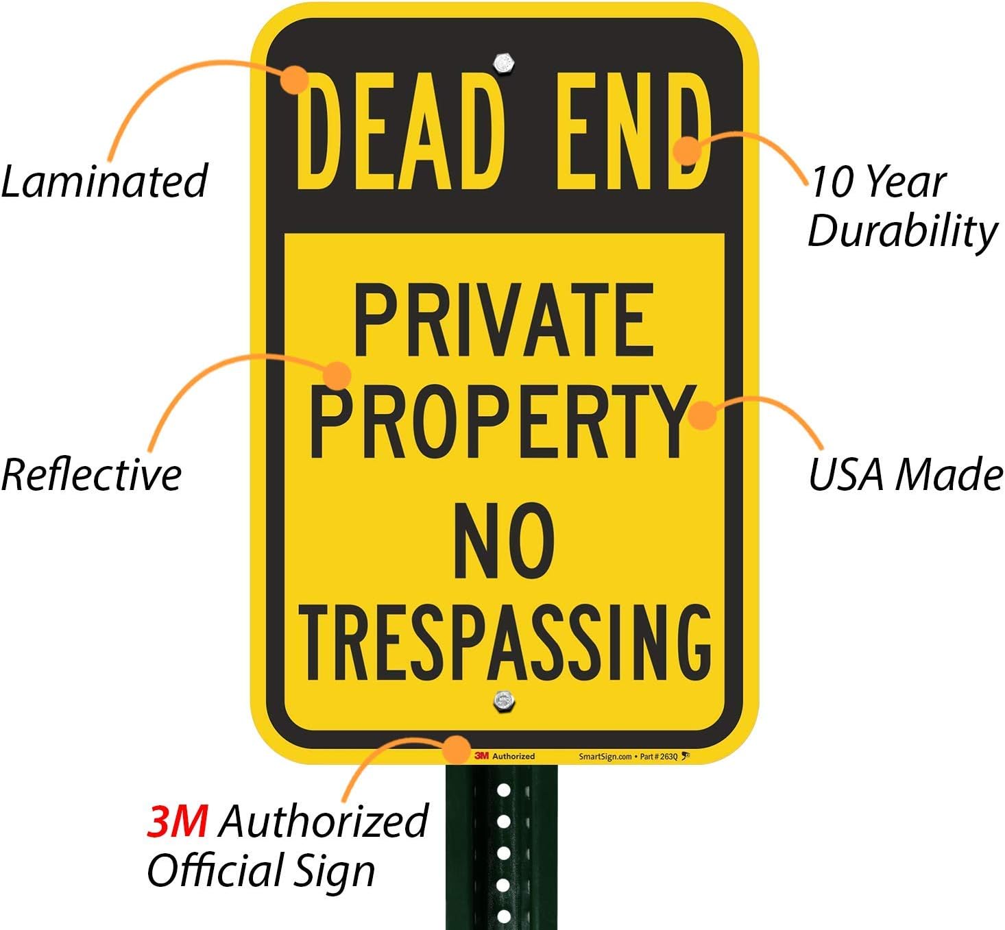 SmartSign "Dead End - Private Property, No Trespassing" Sign | 12" x 18" 3M Fluorescent Diamond Grade Reflective Aluminum