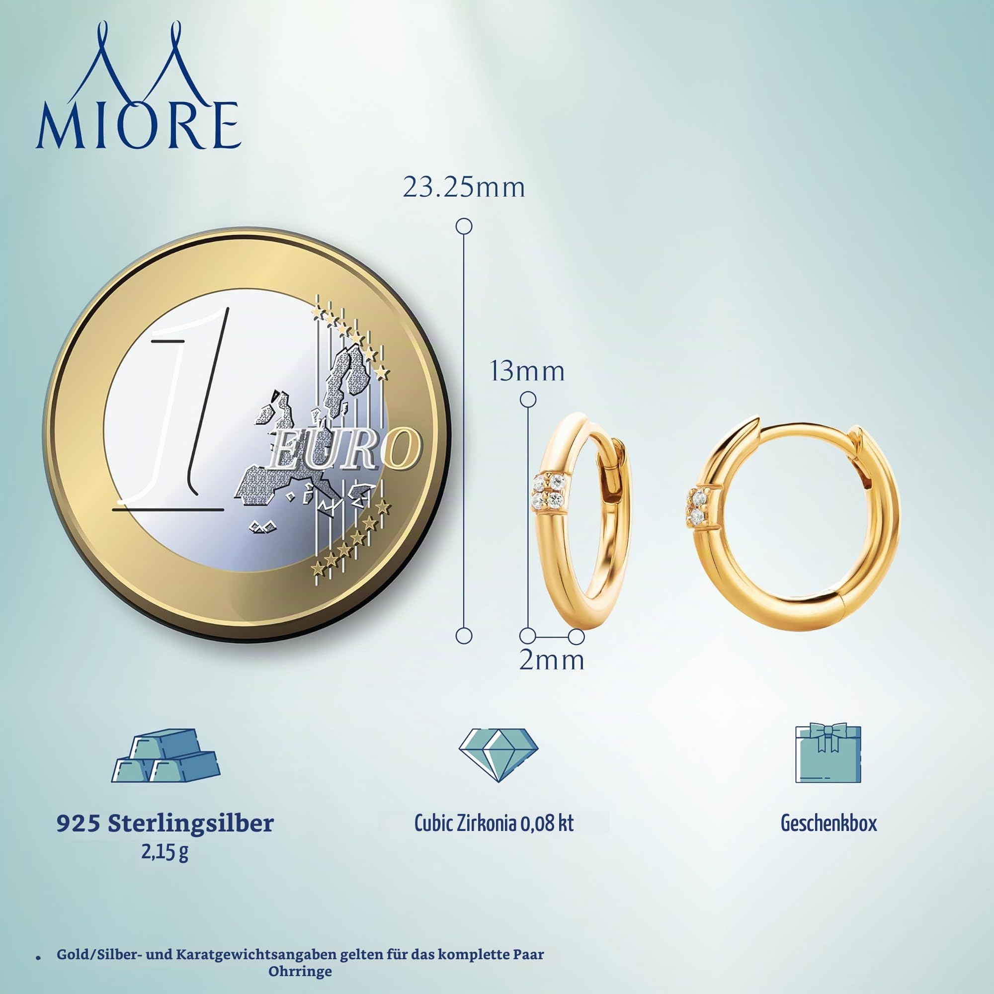 MIORE Creolen| 925 Sterling Silber| Stilvolle Huggie-Ohrringe mit brillanten Zirkonia-Steinen 0,08 Karat| hautfreundliche vergoldete- Silber Ohrringe 13 x 2 mm| Damen Schmuck vom Juwelier