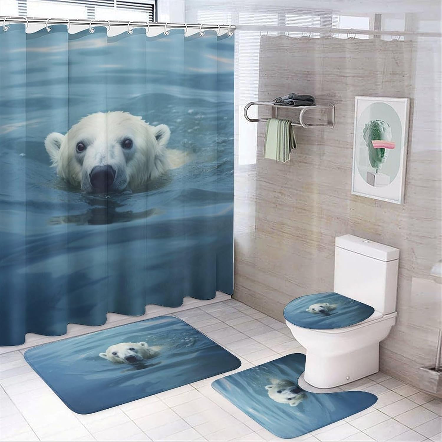 SOPIYRIO 4 Pcs Abstract Polar Bear Shower Curtain Set with NonSlip Rug