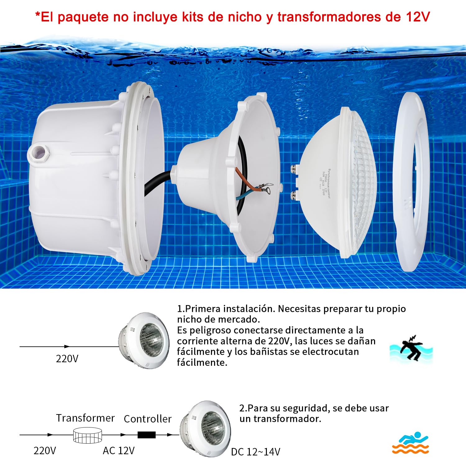 COOLWEST LED Piscina PAR56, Proyector Piscina RGBW Multicolor de 36W con Sincronizador Externo y Control Remoto IP68, AC 12V para Iluminación de Jardín