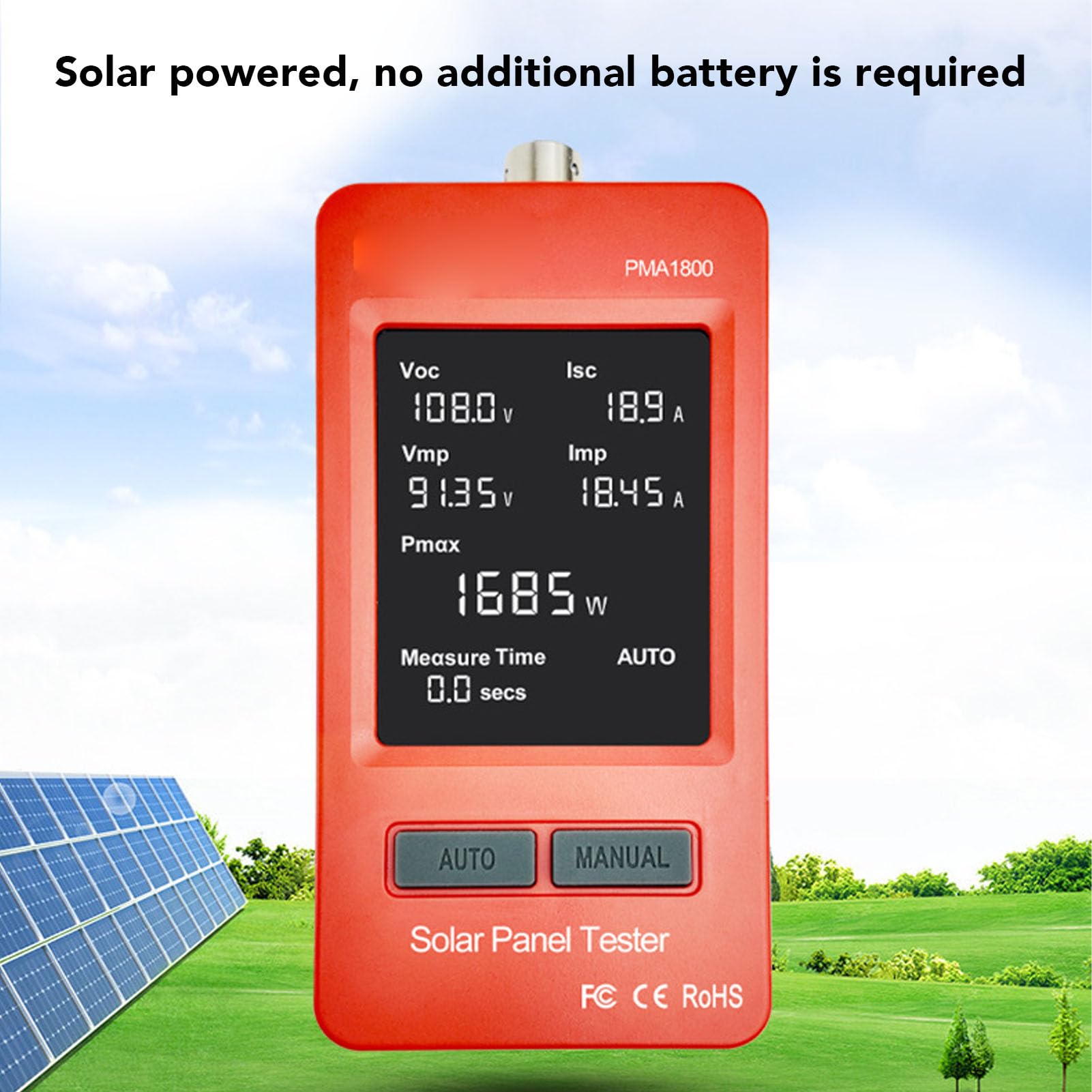 Tester per Pannelli Solari, Misuratore MPPT 1800W Potenza Massima 60A Corrente per Modulo Fotovoltaico con Display LCD, Protezioni da Sovratensione e Surriscaldamento,