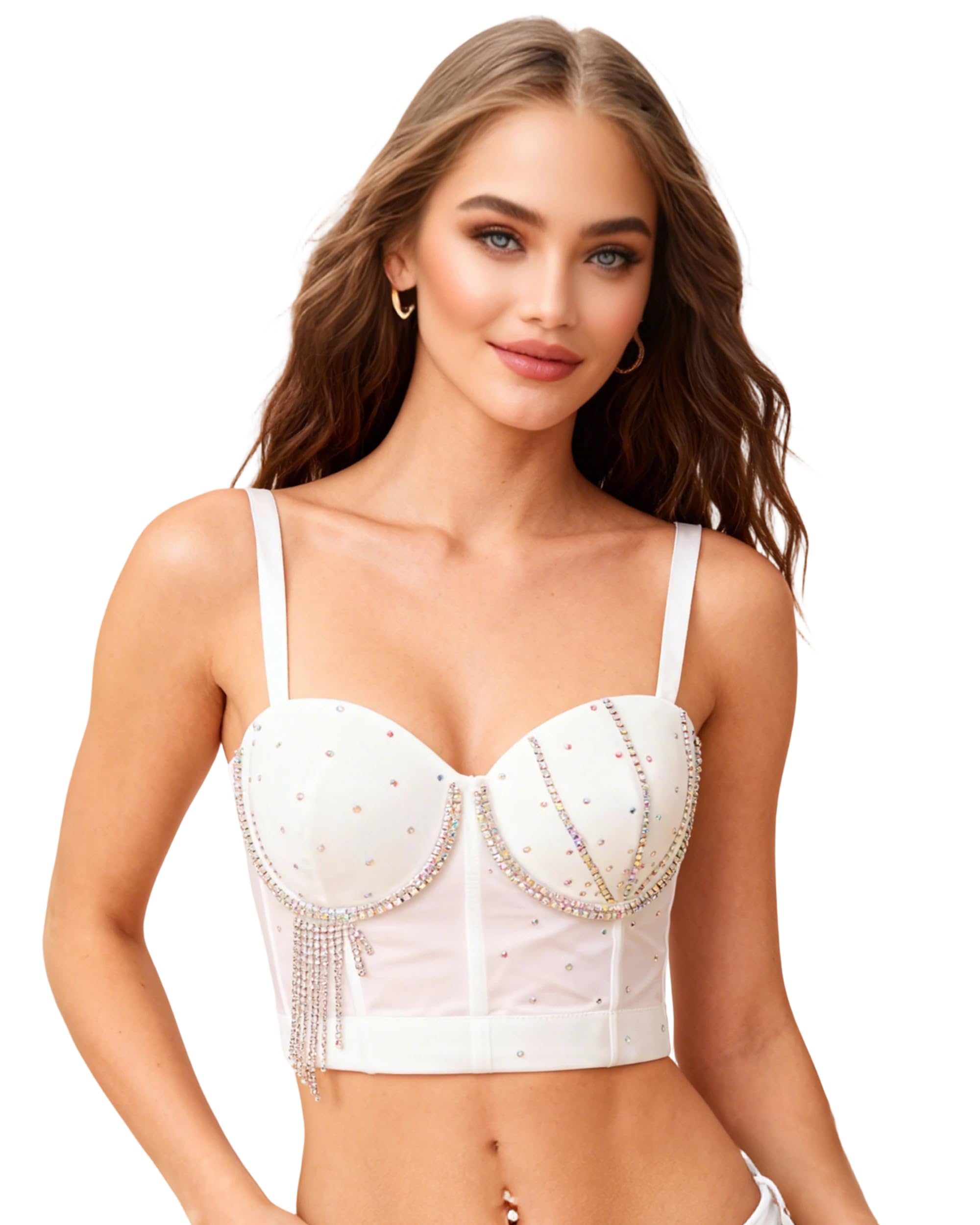 ROYAL SMEELA Corsetto Bianco con Frange e strass,Top Bustino Con Spalline Da Donna