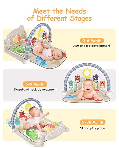 Miniatura 2 de dearlomum Tapete de juego de gimnasio para bebés con 4 teclas de piano musical centro de actividades con juguetes colgantes, tapete para el tiempo