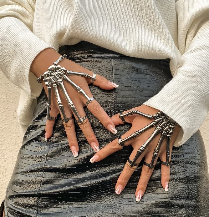 Image of LAKIYOYO 4pcs Halloween Skull Skeleton Hand Bracelet with Ring Punk Wristband Skull Fingers Hand Bracelet Skeleton Ring Hallowmas Gifts Jewelry