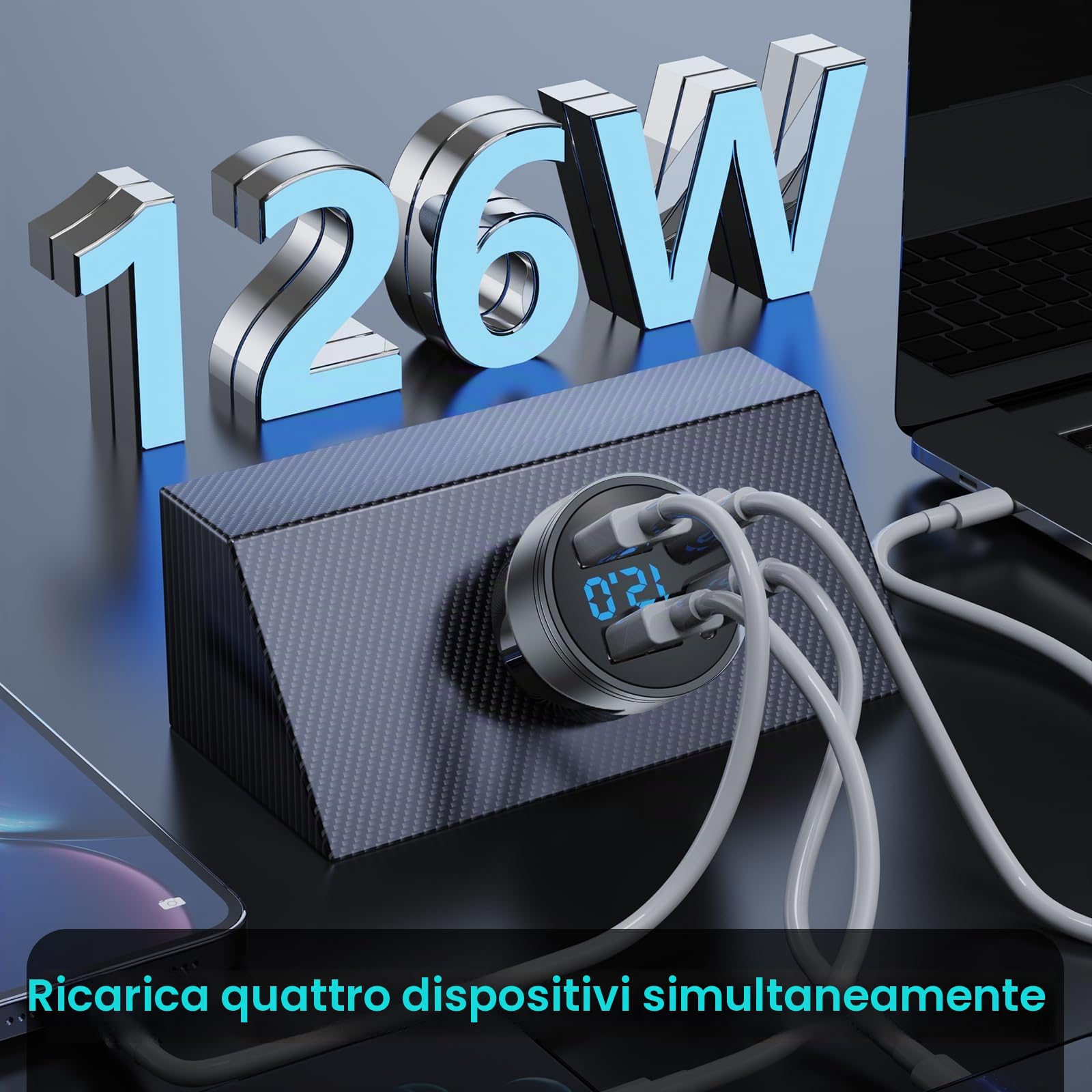 4-Porte Caricabatteria Auto USB C, 126W Accendisigari USB C Adattatore 2*PD+2*QC3.0 USB, Caricabatteria da Auto USB C con Voltmetro LED, Ricarica Veloce per IOS, Android, Compresse