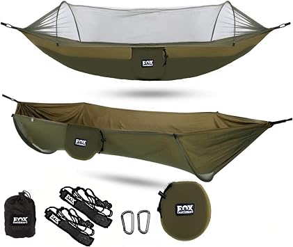 Fox Outfitters Mosquito Net Hammock XL - Built in Mosquito Net - Bug Protection - Easy Set Up - with Tree Safe Hammock Straps & Steel Carabiners