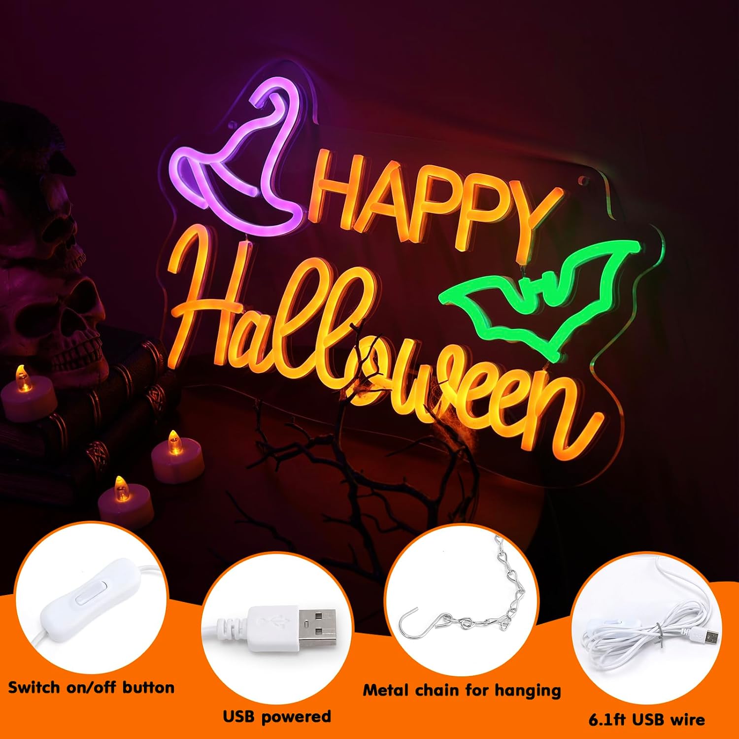 Qmetalart Happy Halloween Neon Sign, USB Powered LED Wall Decor | Light Up Halloween Decoration for Bedroom, Living Room, Bar or Office, Easy Hanging Party Decor and Holiday Gift