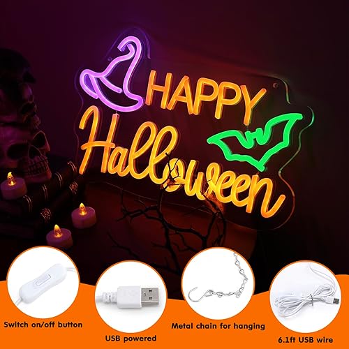 Miniatura 4 de Qmetalart Letrero de neón de Halloween para decoración de pared, luces LED de neón para dormitorio, sala de estar, bar, oficina, letrero iluminado