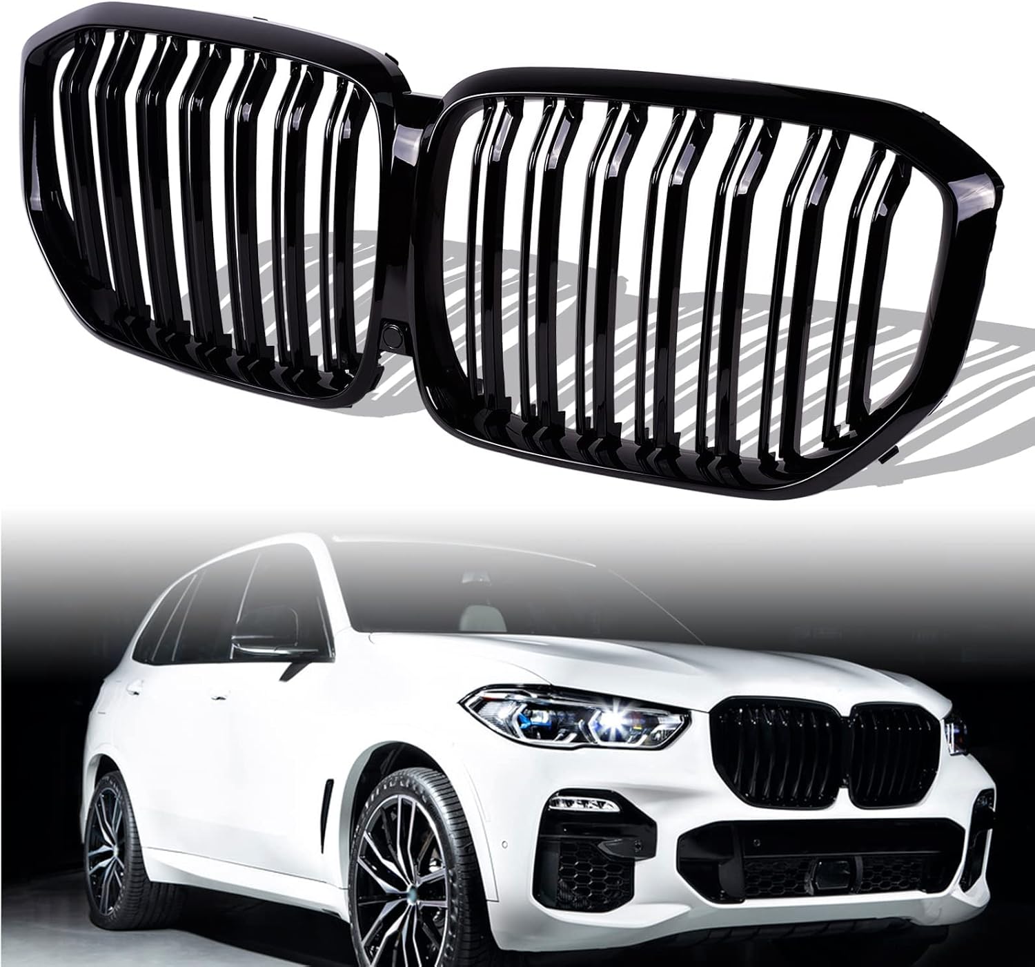 runmade Front Upper Kidney Bumper Grill Double Line Grille Glossy Black Compatible with BMW G05 X5 2019 2020 2021 2022 2023