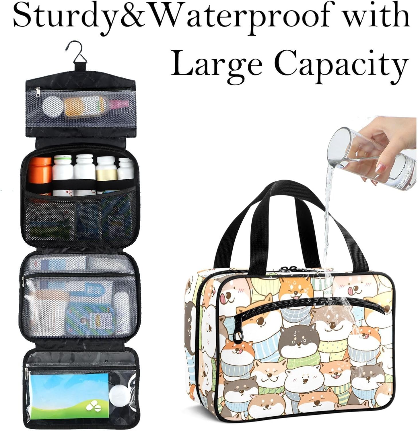 旅行用トイレタリーバッグ 男女兼用 ブラックとレッド チェリーフルーツ チェリー ハンギングオーガナイザーバッグ ポケット付き ポー