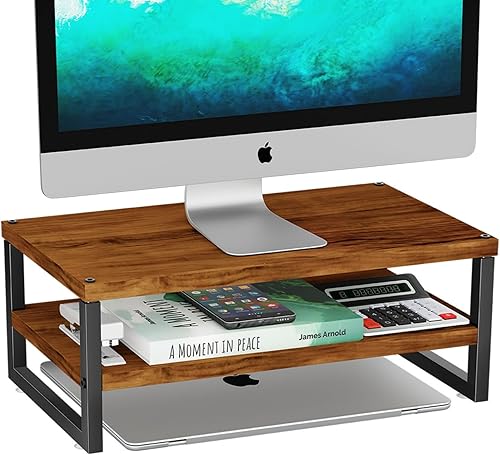 Soporte elevador para monitor de 2 niveles, soporte organizador de escritorio de madera para laptop, computadora, iMac, PC, impresora, marrón antiguo