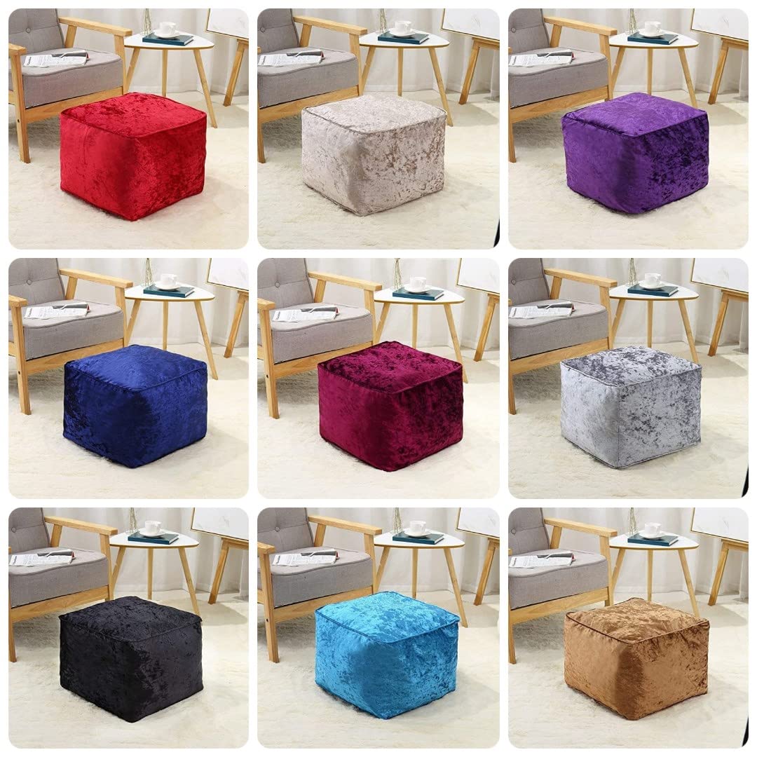 Axcent Comfort Crushed Velvet Bean Bag Cube Foot Rest stool – Soft Square Pouffe Ottoman Living Room Furniture – Beanbags Indoor Seating (Mink)