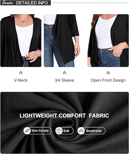 Miniatura 6 de TIANZHU Cárdigan ligero para mujer, manga 34, casual, frente abierto, ligero, suéter drapeado