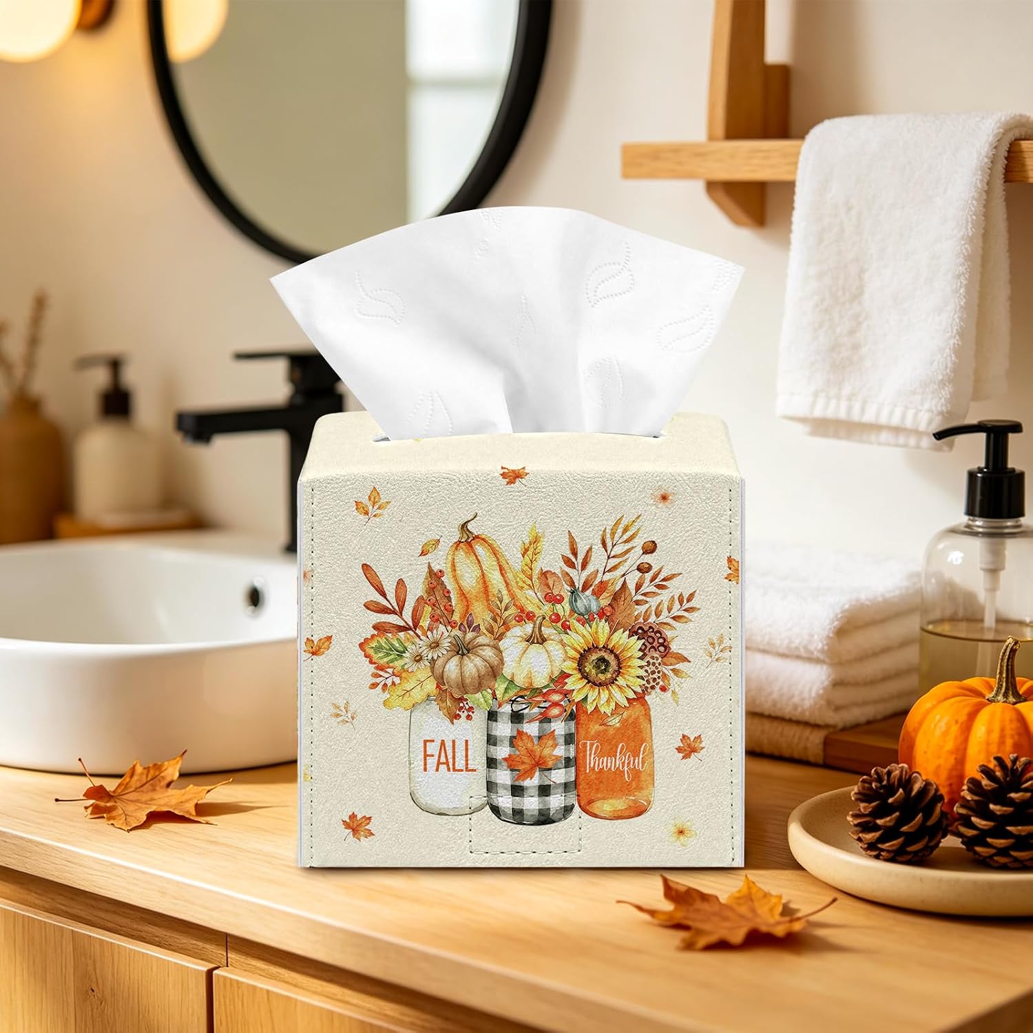 Fall Tissue Box Cover, Autumn Square Tissue Box Cover, PU Leather