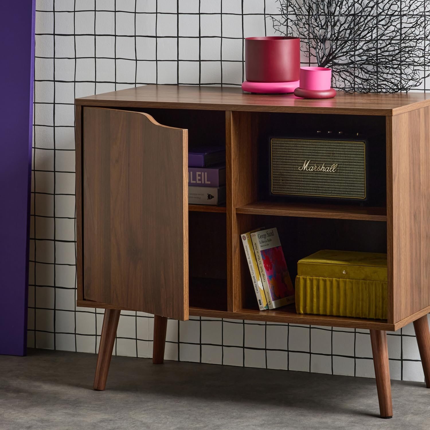 Alice's Garden sweeek - Buffet de Rangement Effet Bois de Noyer 1 Porte. 2 étagères. Buffet Bas. 80cm