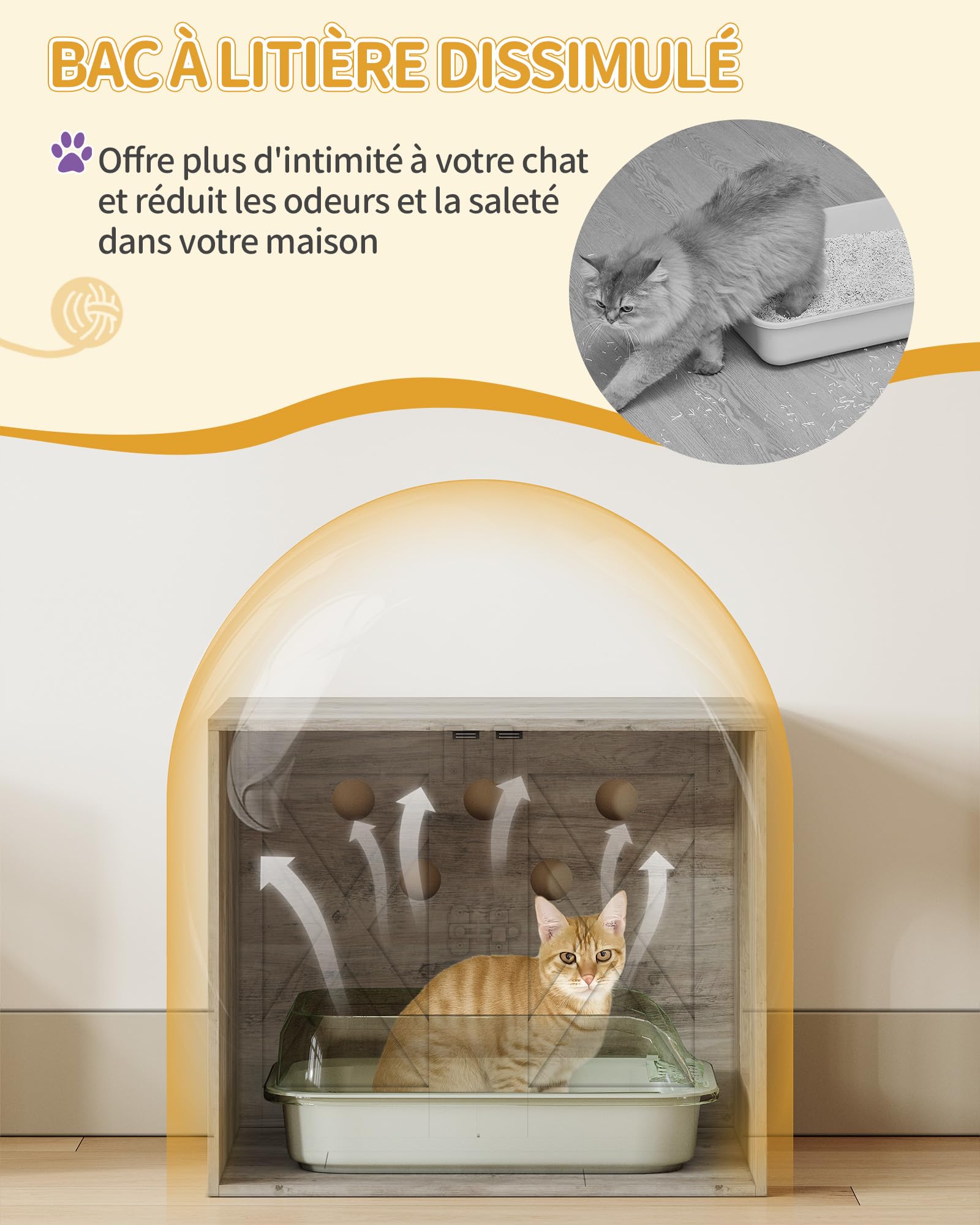 Hzuaneri Arbre à Chat avec Meuble Litiere Chat, Hauteur 176 cm, Grège | Mangeoire, avec Grande Plateforme, Corde en Sisal, Hamac, Coussin Lavable, Balles en Peluche, CB89105WT