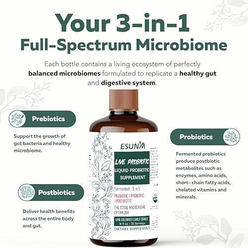 Miniatura 3 de Complejo probiótico líquido 3 en 1 con prebióticos, probióticos y postbióticos, cuenta con 10 cepas clínicas + 18 hierbas fermentadas orgánicas,