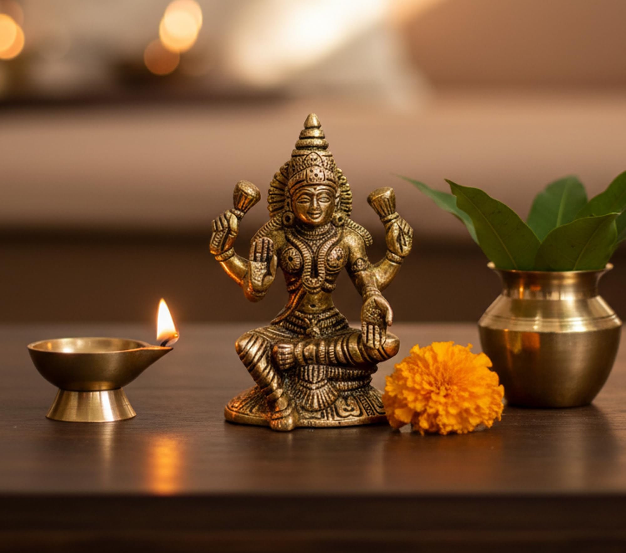 Esplanade Brass (Yellow/Gold) Brass Lakshmi Idol | Laxmi Goddess Figurine Sculpture Murti Statue - Height 4.75" Inches