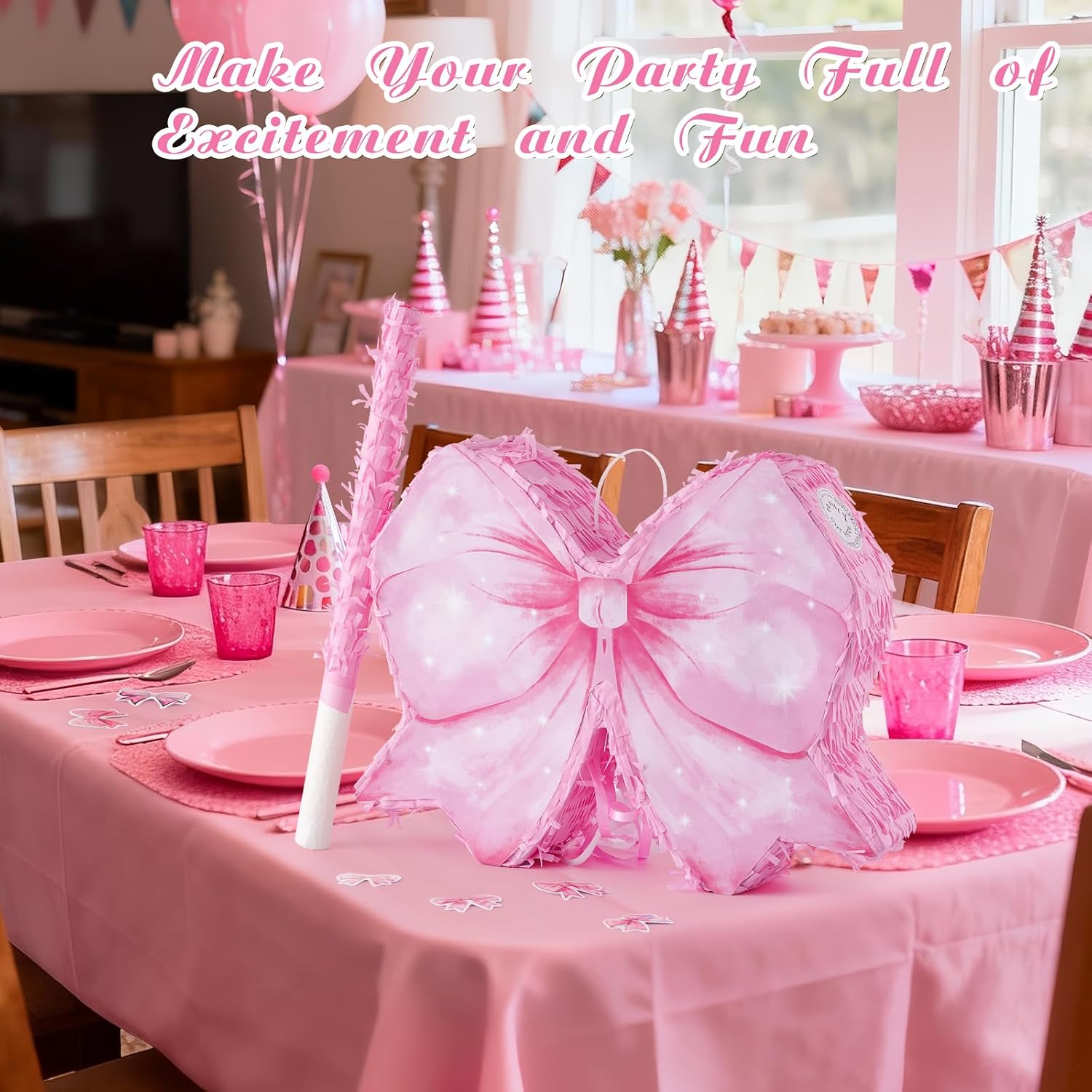 Pink Bow Piñata for Girl,Party Decorative Tassel Pinatas Set with Stick Blindfold Confetti, Pink Bow Piñata for Coquette Birthday School Party
