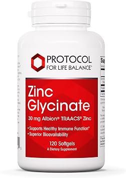 Protocol for Life Balance Zinc Glycinate 30mg - with Albion Traacs Zinc - Zinc Glycinate Supplement - Immune System Support* - Keto Friendly & Dairy Free - 120 Softgels