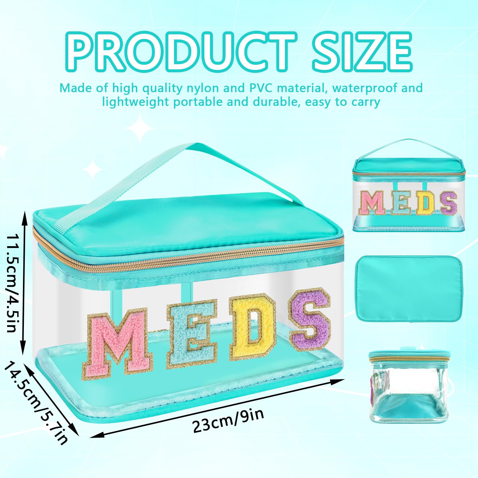 Clear Patch Letter Bag Medicine Drugs Pouch with Handle, Travel Chenille Letter Makeup Cosmetic Bag for Women Girls, Waterproof Nylon PVC Zipper Toiletry Meds Storage Case Stadium Bag(Green, MEDS)