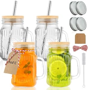 Magicsky Mason Jar Cups with Handles, Vintage 16 oz Glass Iced Coffee Cup with Bamboo Lids and Straws, Pint Drinking Jars Mug for Smoothie, Cold Drinks, Juice, Party Beverages, Set of 4