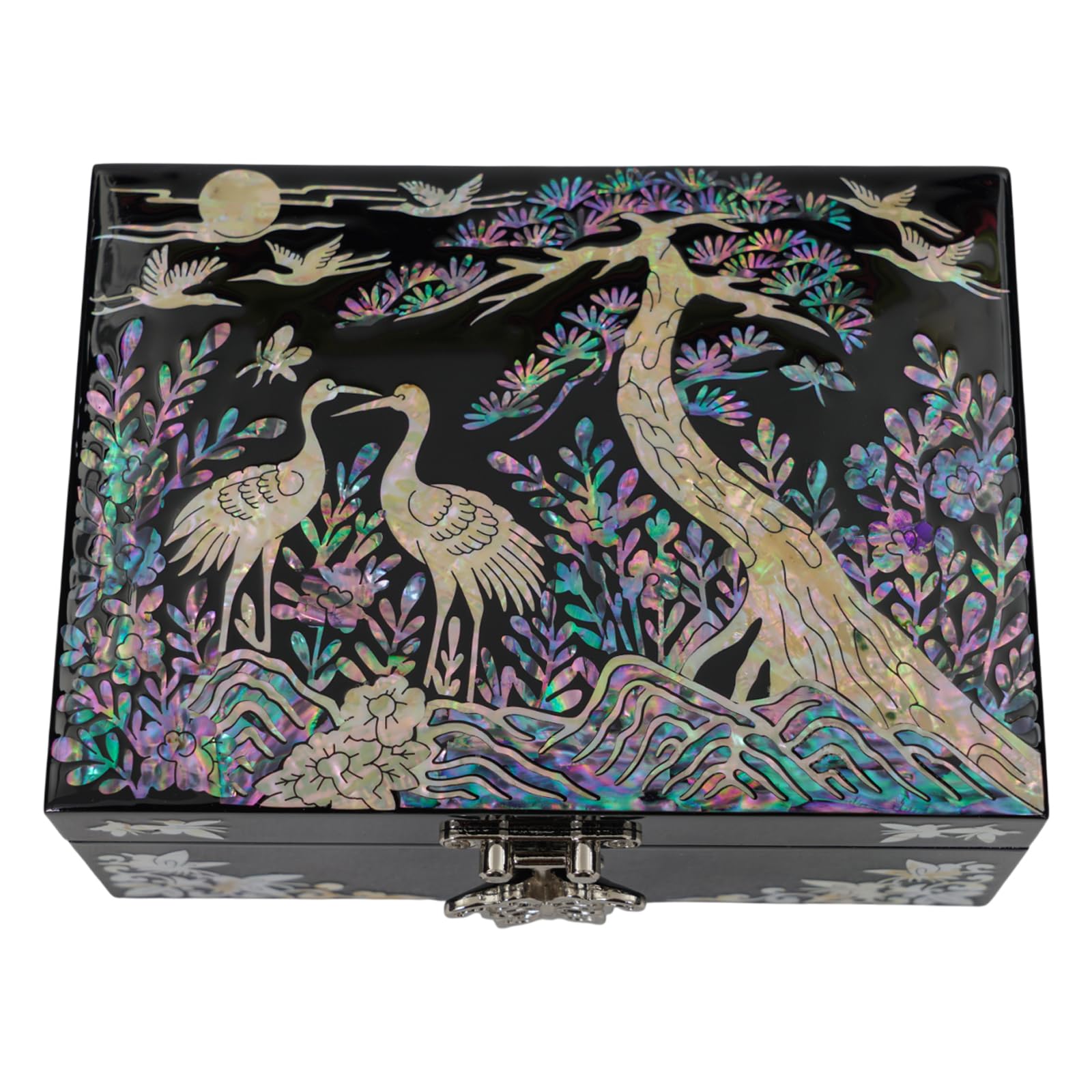 February Mountain Mother of Pearl Jewellery Box with Ring Tray - Gifts for Women Birthday Wedding Mother's Day Christmas Graduation Gifts (Crane and pine tree)