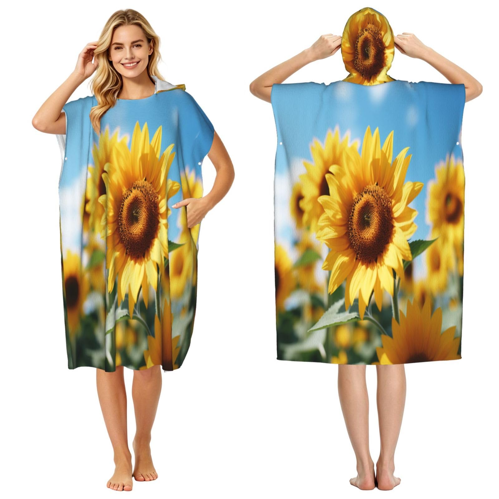 KLGRTJHK Blooming Sunflowers Adult Hooded Beach Poncho Towel 43"X35"
