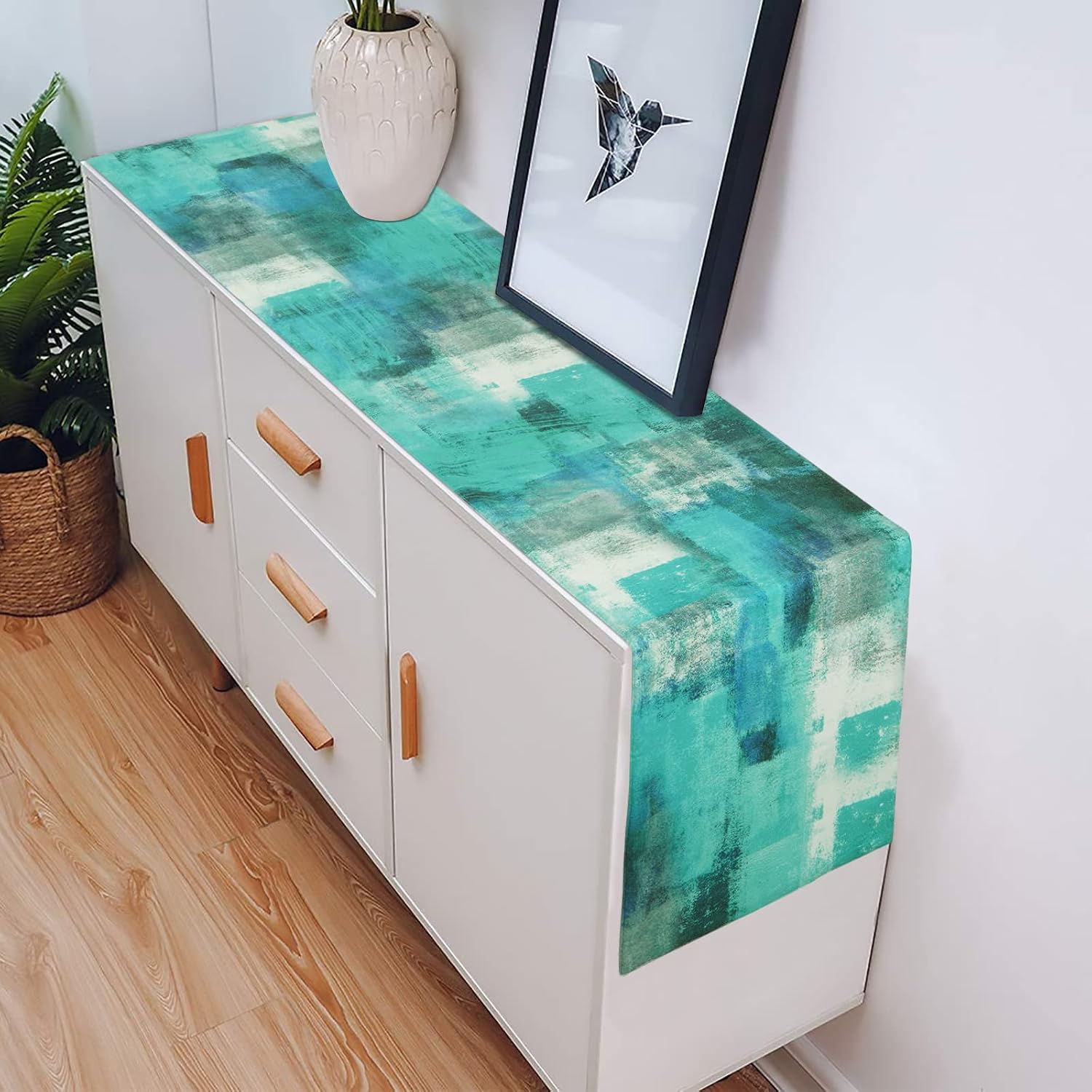 ASPMIZ Teal Abstract Art Table Runner, Farmhouse Style Table Runner 70 Inches Long, Green Turquoise Modern Art Table Runners for Kitchen, Holiday, Indoor Outdoor Party, Home Table Decors, 14 X 70 Inch