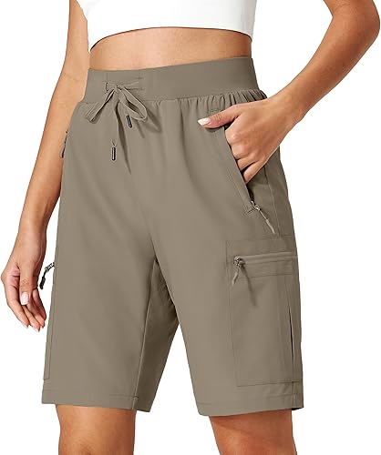 Ksmien Pantalones cortos de senderismo para mujer, de secado rápido, ligeros, de verano, con bolsillos con cremallera, para viajes, golf, campamento