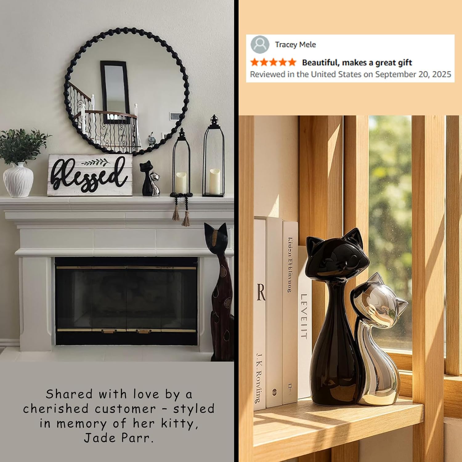 SURE YUESI Ceramic Cat Statue Set, Cute Cat Office Shelf Home Decor Figurines, Desk Accessories for Cat Lovers, Memorial Lucky Cute Cats Gifts for Mother's Day Birthday Women, Black & Silver