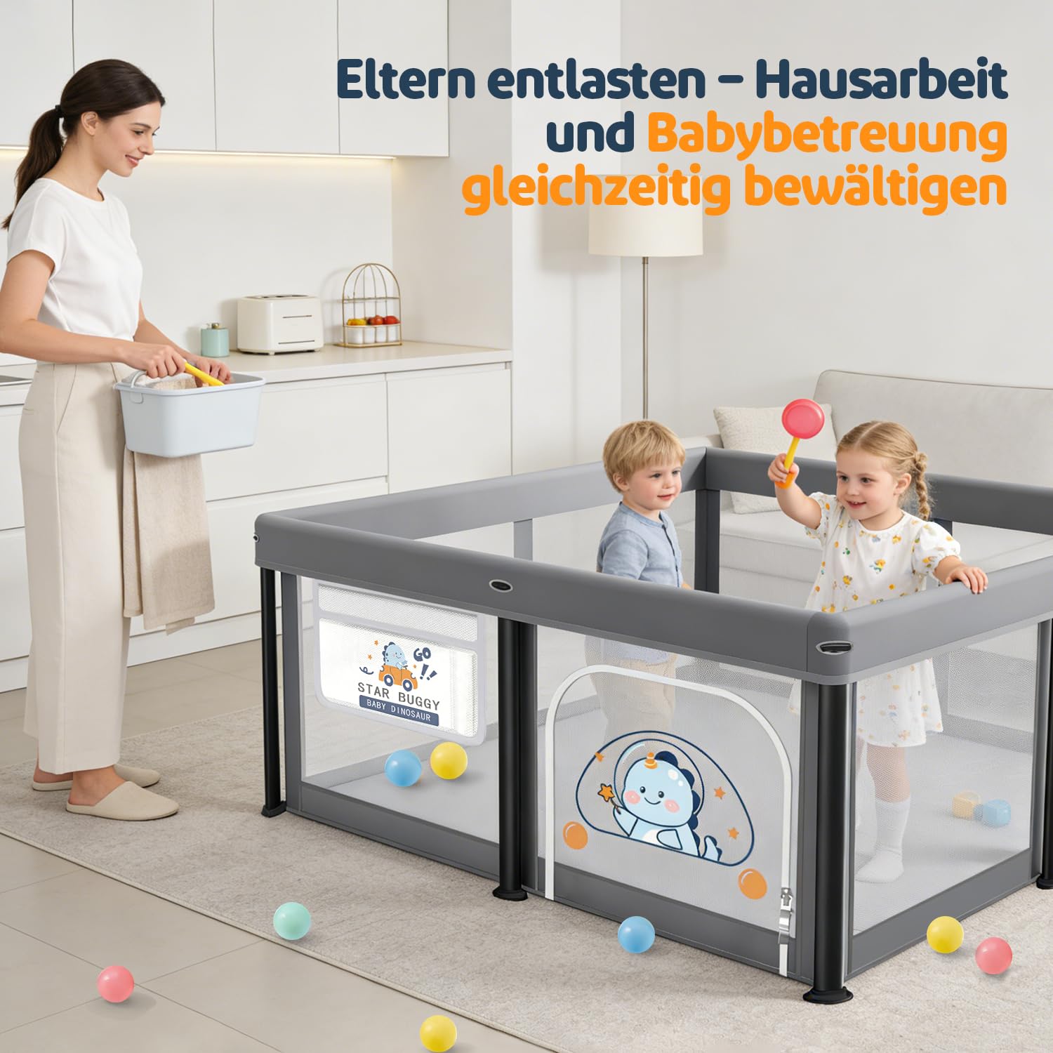 Box Bambini Pieghevole con Materasso 127×127cm, Recinto per Neonati e Bambini, Box Gioco Stabile e Sicuro per Interni ed Esterni