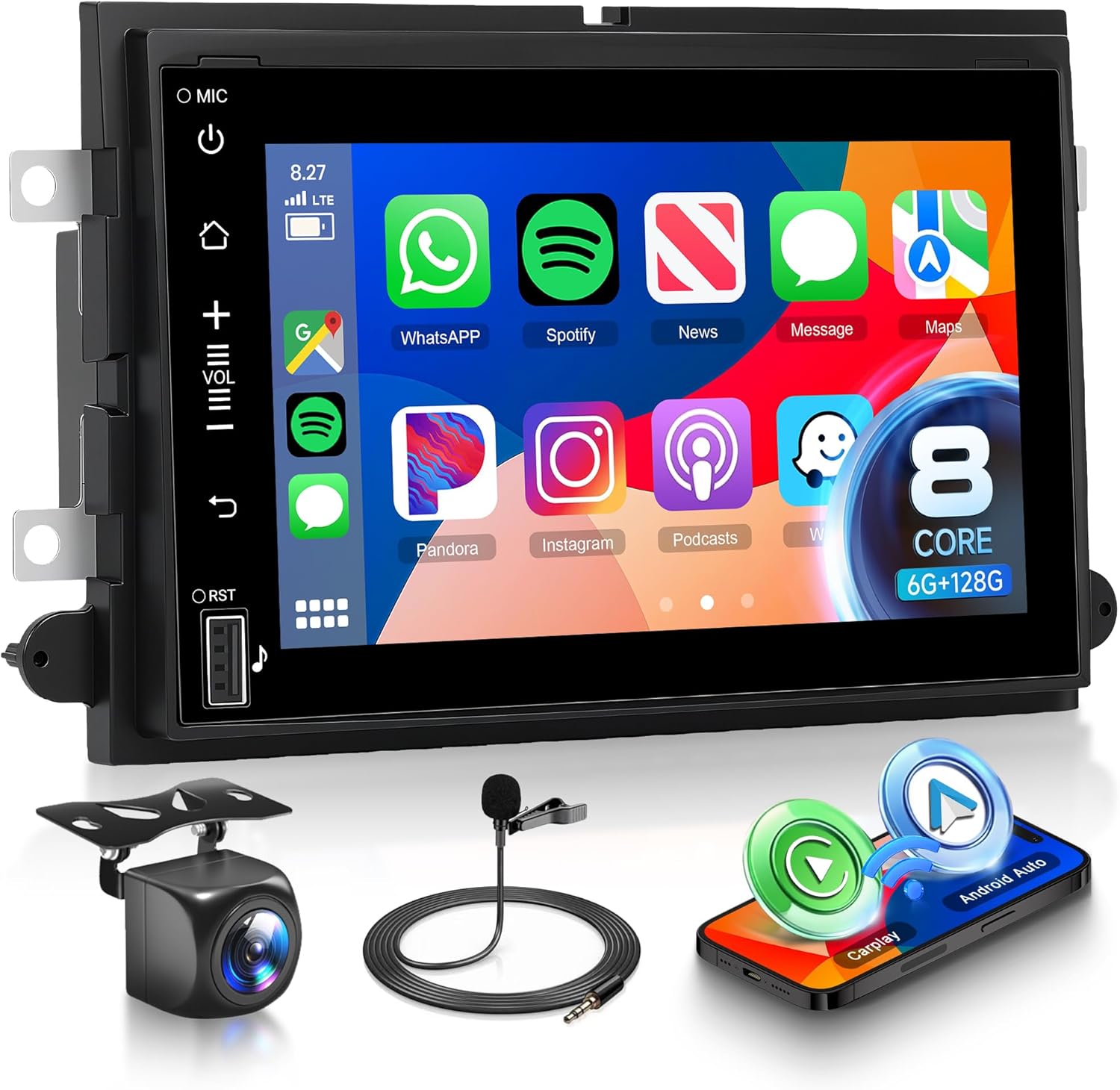 8 Core 6G+128G Car Radio for Ford F150 F250 F350 E250 E350 2004-2014 with Wireless CarPlay Android Auto 7 Inch Touchscreen Android Car Stereo with GPS WiFi Mirror Link SWC BT FM RDS DSP Backup Camera