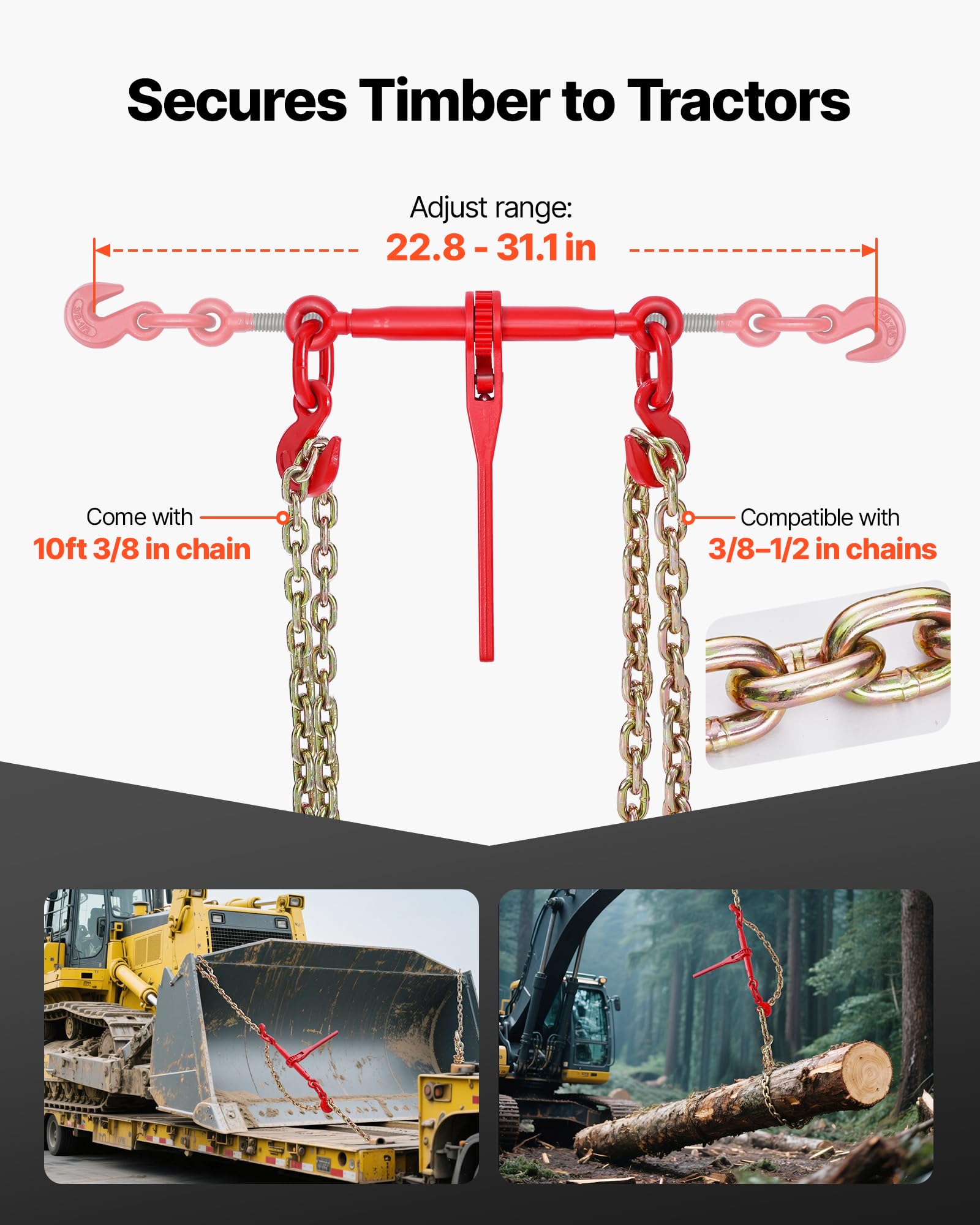 VEVOR Tensor de Trinquete con Cadenas G80 10mm x 3m Kit 8 Piezas Carga de Trabajo 4173 kg