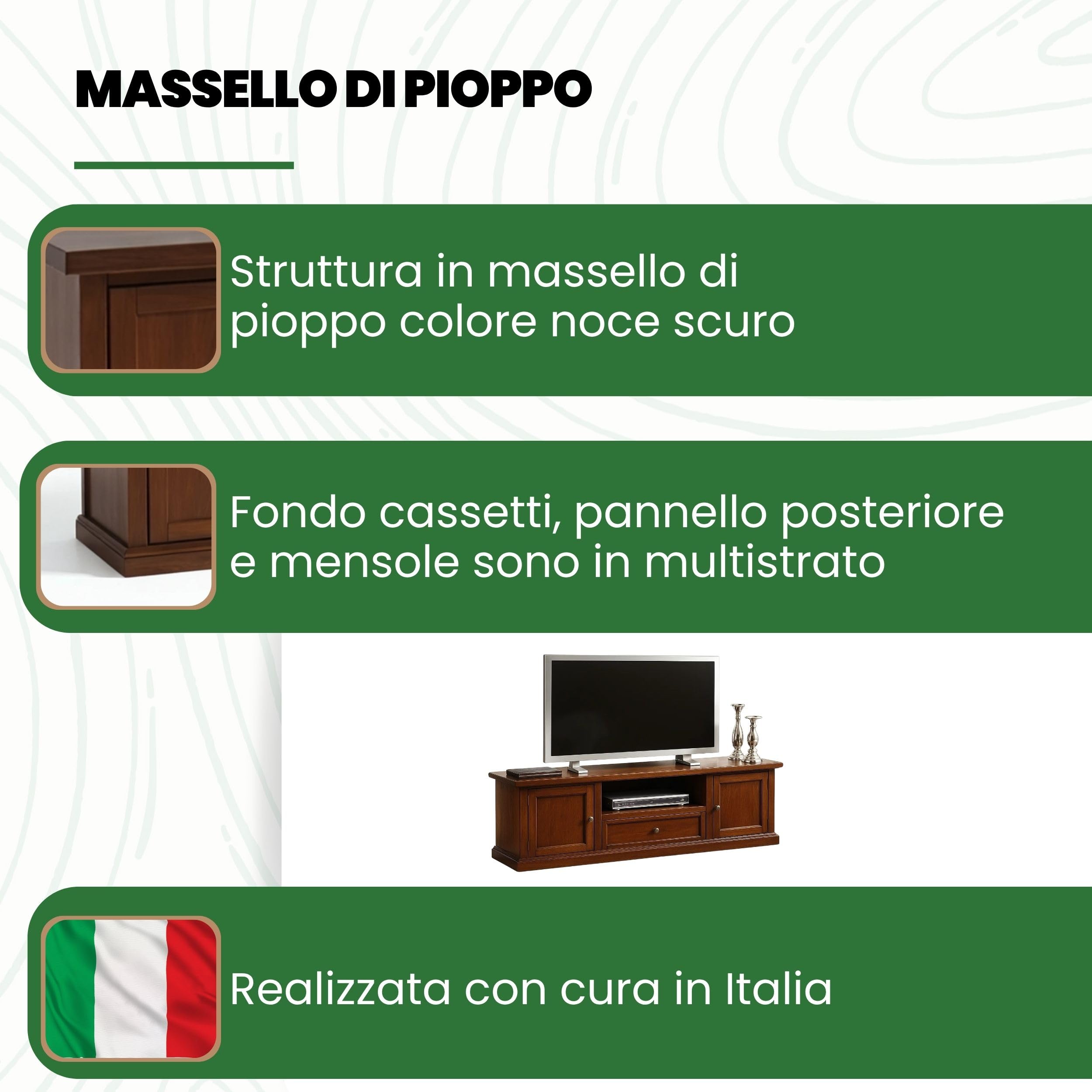 Mar.c.a. Design - Mobile Porta TV 2 Ante, 1 Cassetto e 1 Vano in Legno 160x45x57 cm - Mobile Arte Povera Soggiorno Made in Italy