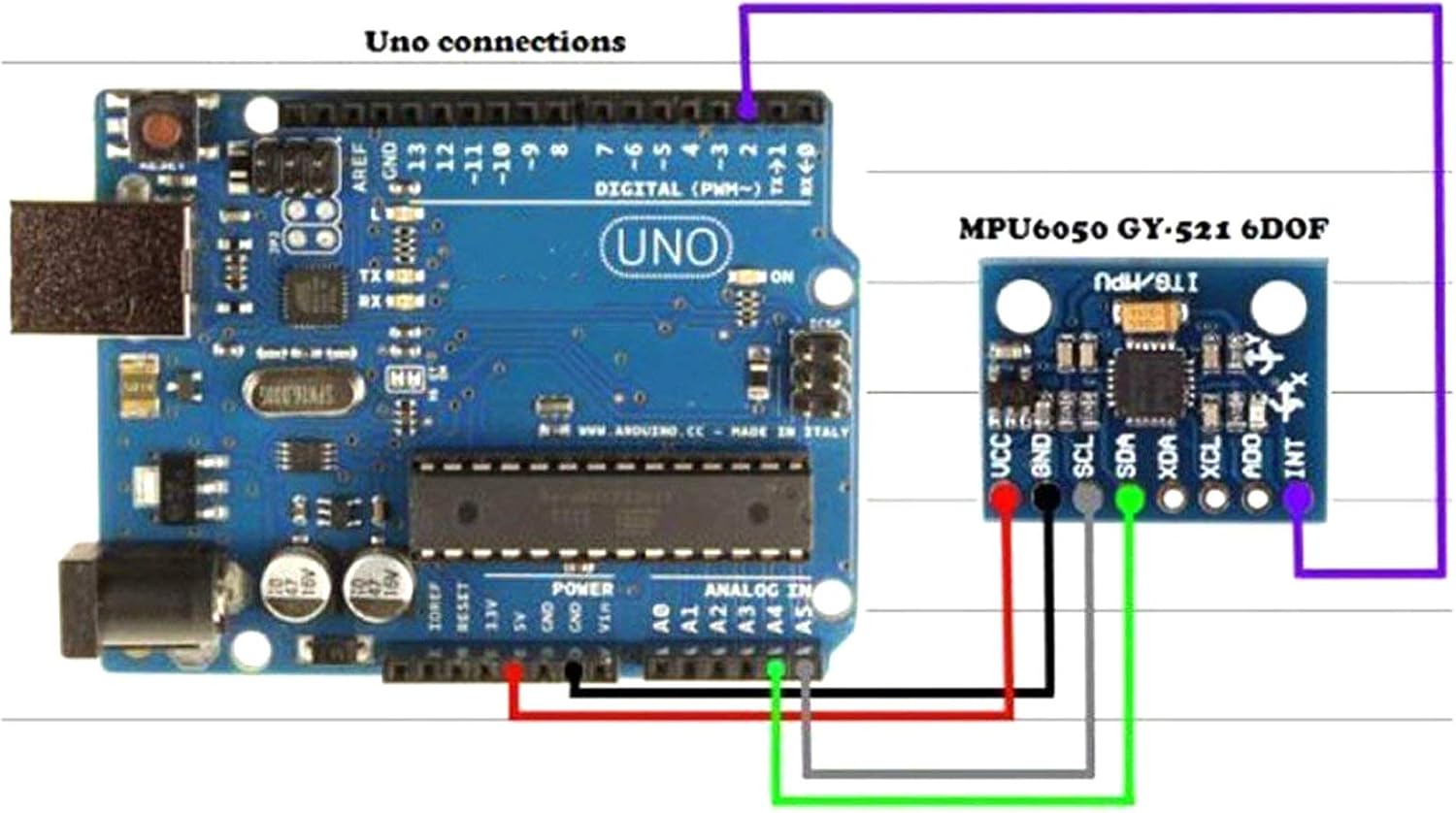 Wiring diagram showing the REES52 Gy-521 MPU-6050 module connected to an Arduino Uno board with color-coded wires for VCC, GND, SCL, SDA, AD0, and INT.