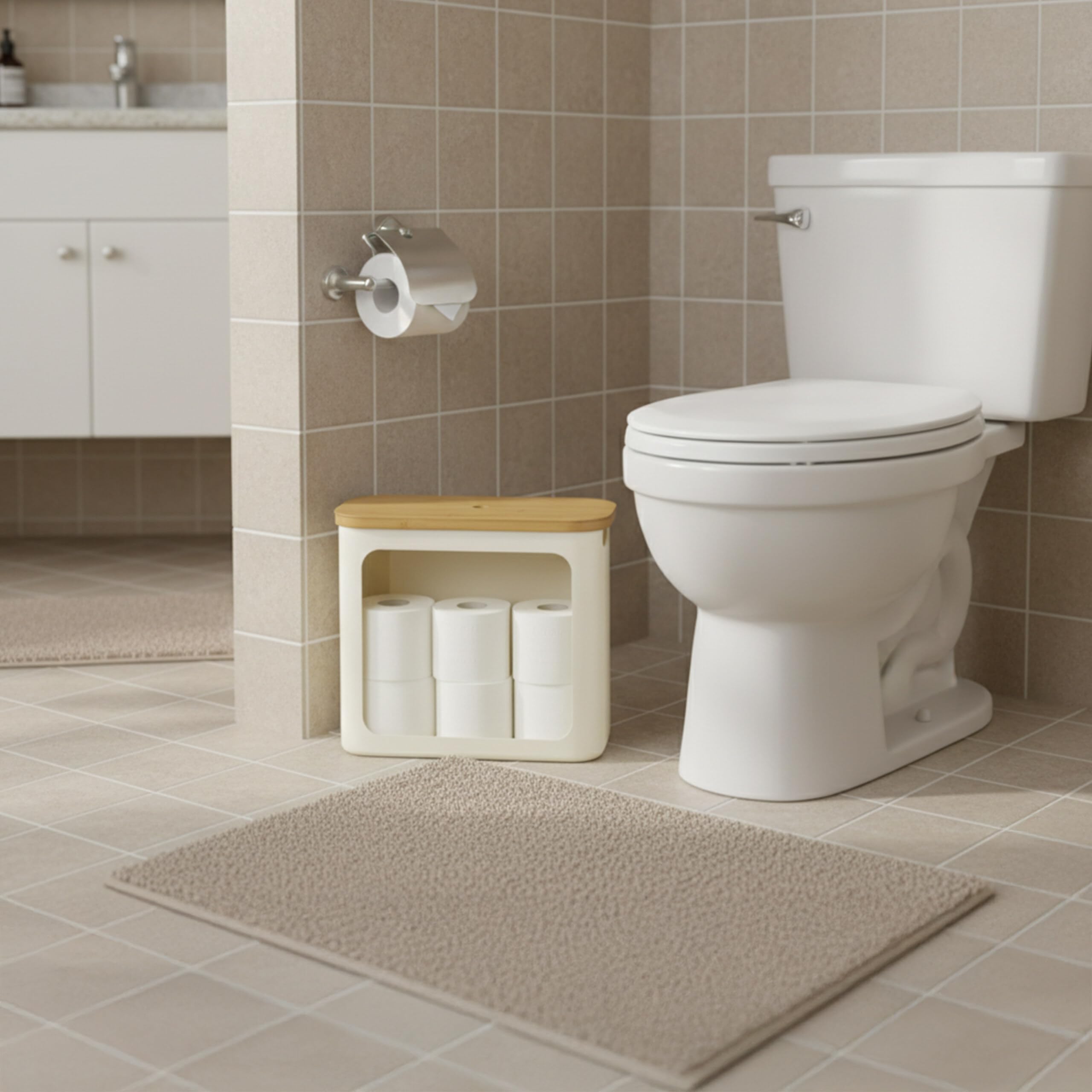 Relaxdays Contenedor de Papel higiénico, 12 Rollos, 36 x 43 x 17 cm, Tela, bambú, Cesta, Reserva, Beige