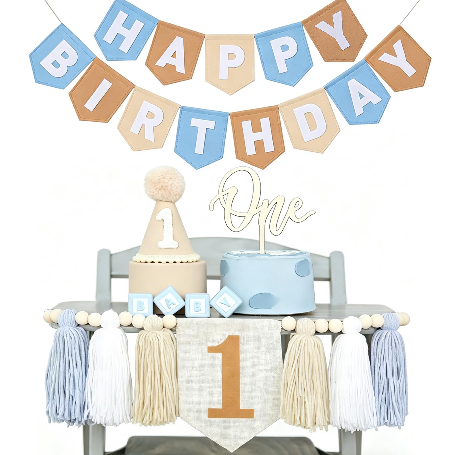 1st Birthday Decorations for Boy - Felt Happy Birthday Banner First Birthday High Chair Banner, Crown Hat, Cake Topper, Pre-Strung Highchair Birthday Banner Birthday Party Supplies (KFBlue One) — image 1
