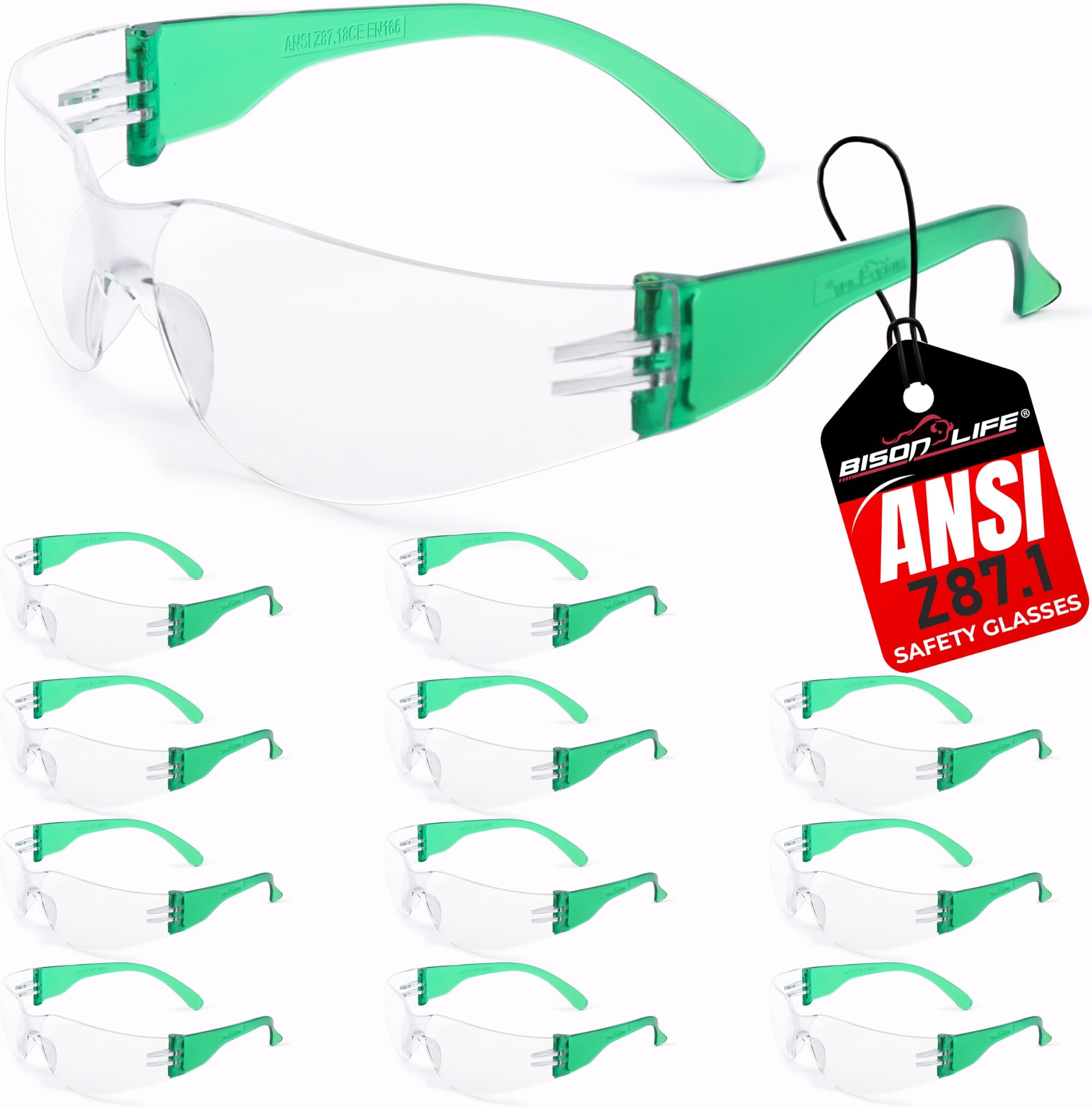 Clear Lens Green Safety Glasses - 12 Pairs Protective Eyewear, Polycarbonate Impact Resistant Lens