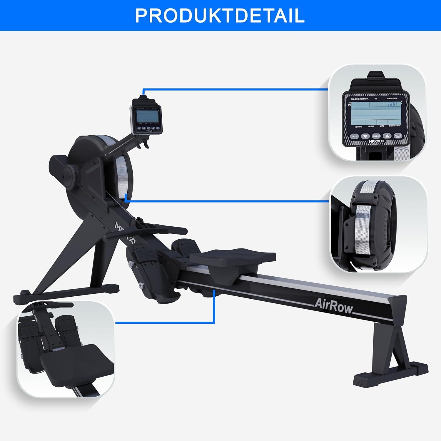 Detailed view of the MAXXUS AirRow Rower's LCD console, air resistance fan, seat, and footrests.